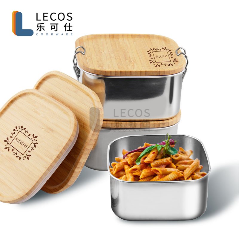 18/8 Stainless steel lunch box bamboo lid with silicone, food storage container customized logo for children