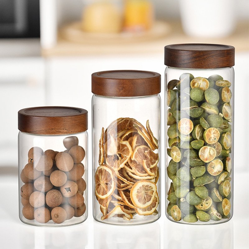 Wholesale Large Capacity 7oz-53oz Reusable Empty 1500ml Kitchen Food Glass Storage Jar Sets With Acacia Wood Lids