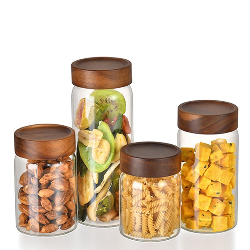 Wholesale Large Capacity 7oz-53oz Reusable Empty 1500ml Kitchen Food Glass Storage Jar Sets With Acacia Wood Lids