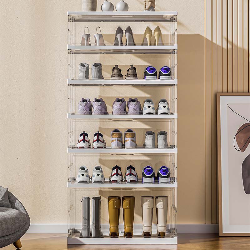 Large size three layers Free installation folding shoe storage box with transparent door around transparent acrylic material