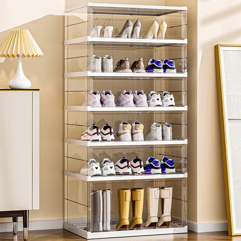 Large size three layers Free installation folding shoe storage box with transparent door around transparent acrylic material