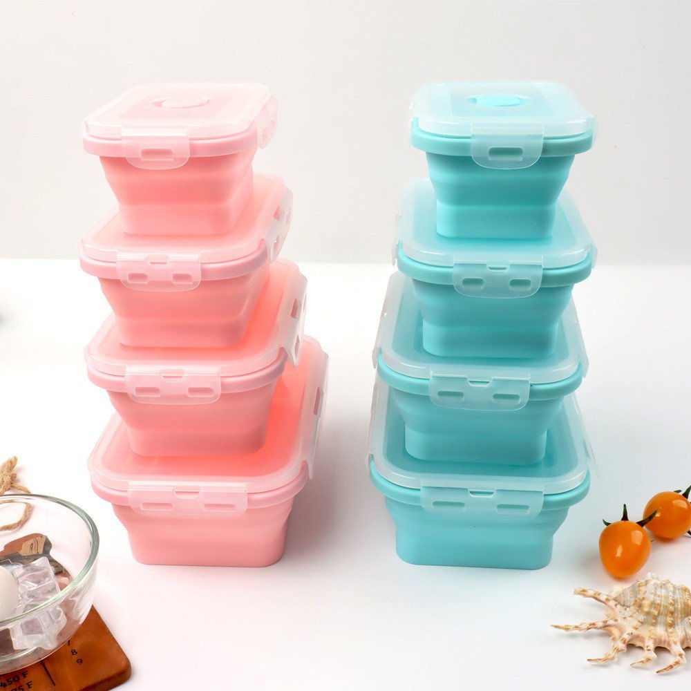 Silicone Food Storage Containers with BPA Free Airtight Plastic Lids - Set of 4 Small and Large Collapsible Meal Prep Container