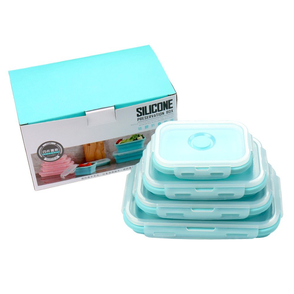 Silicone Food Storage Containers with BPA Free Airtight Plastic Lids - Set of 4 Small and Large Collapsible Meal Prep Container