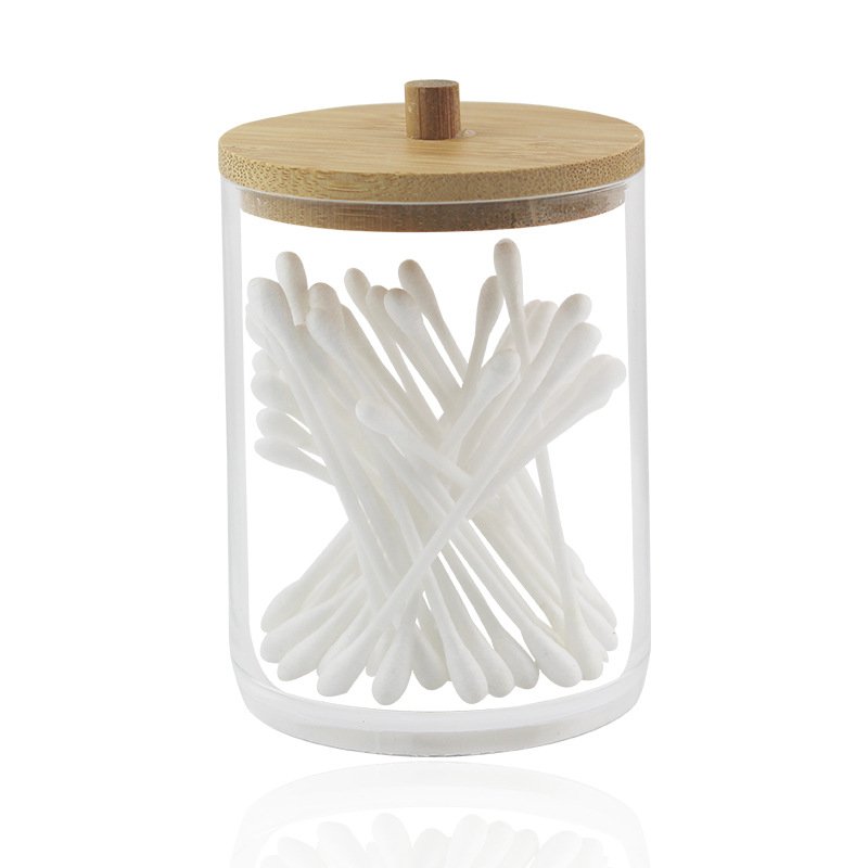 Cotton Swab Storage Box Bamboo Cover Acrylic Portable Round Container Cotton Pad Puff Storage Makeup Remover Cotton Box