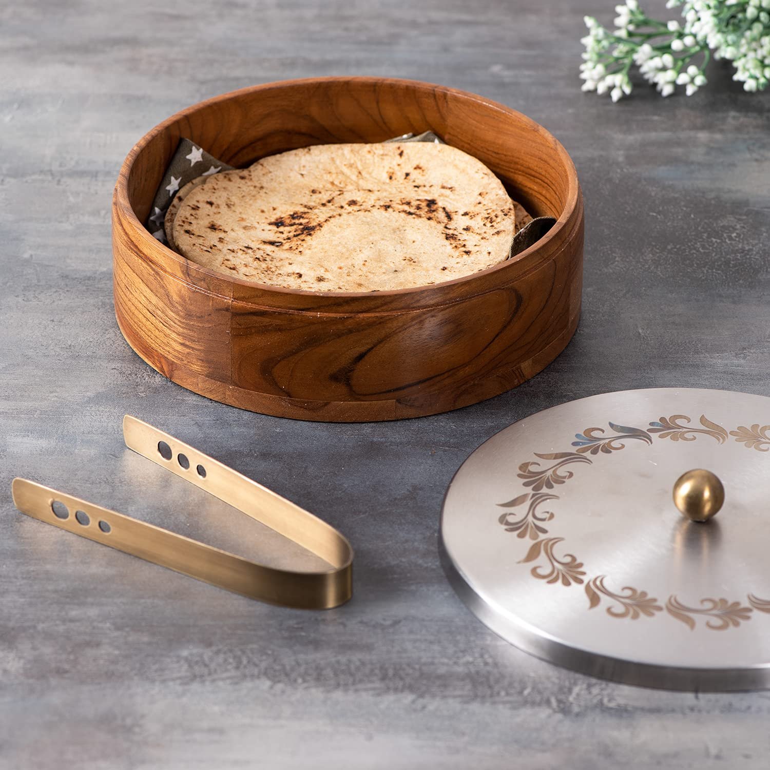 Handmade Wooden Chapati Container With Tong Low Price Table Ware Fancy Chapati Casserole Home & Hotel Use Chapati Storage Box