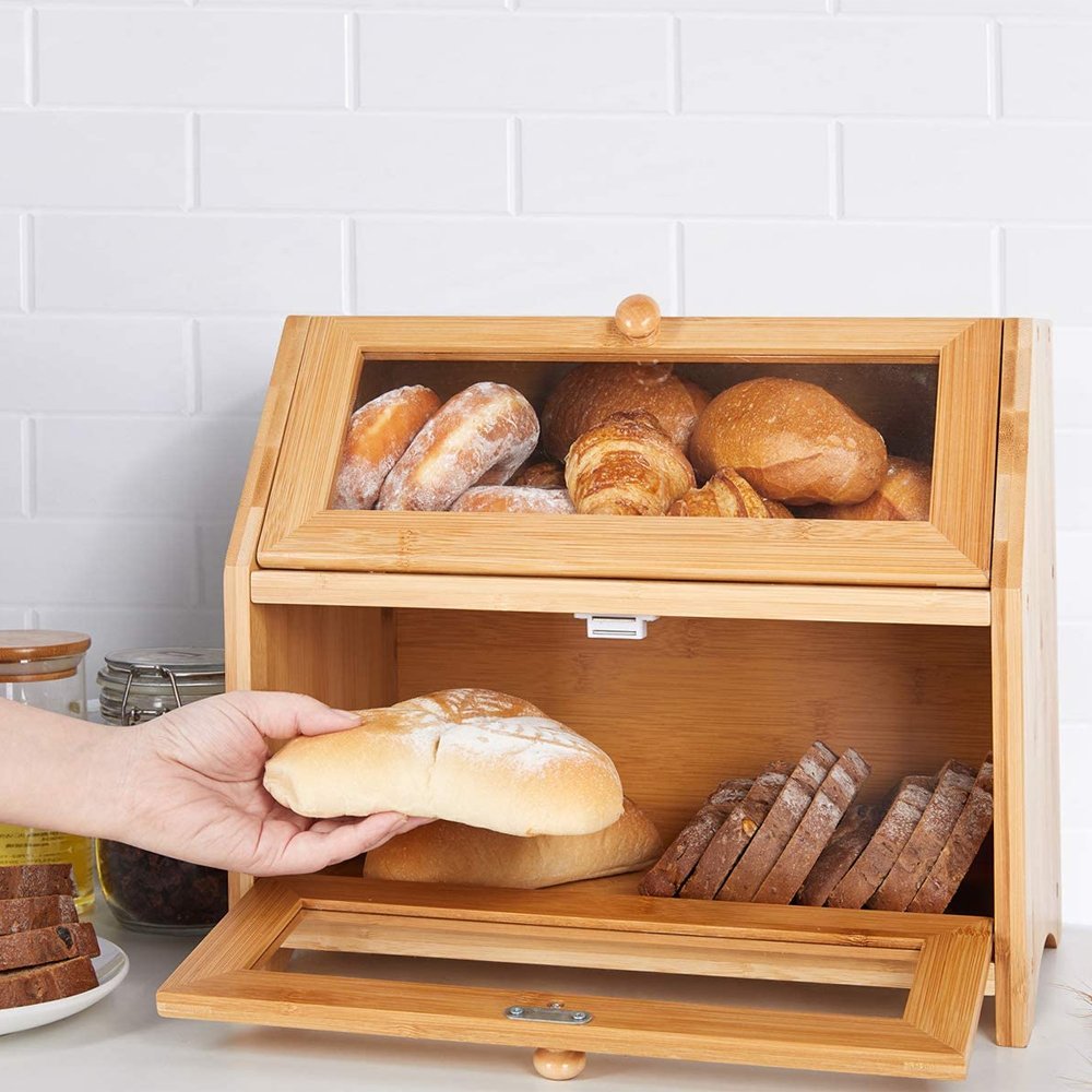 Transparent food storage box table top shelf tea box bamboo bread storage