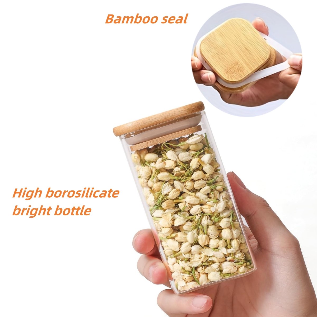 YOLOWE HOME Modern Design 8-Pack Square Sealed Jar Spice Storage Container Kitchen Glass Food Storage Lid with Grain Storage