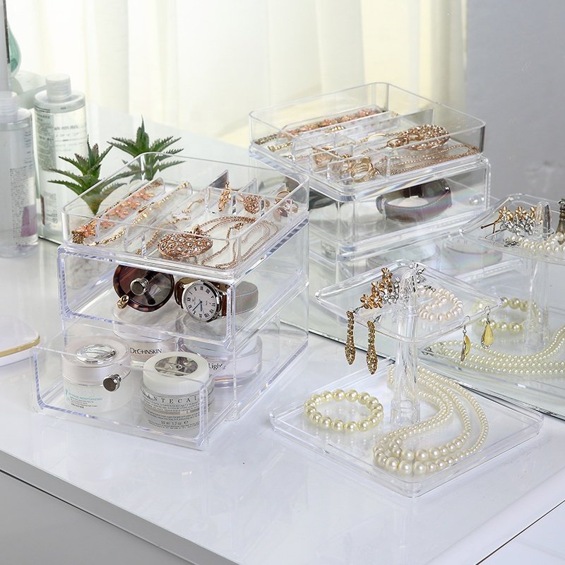 3pieces desktop dustproof stackable jewellery organizer earring ring necklace display tray plastic jewelry storage box