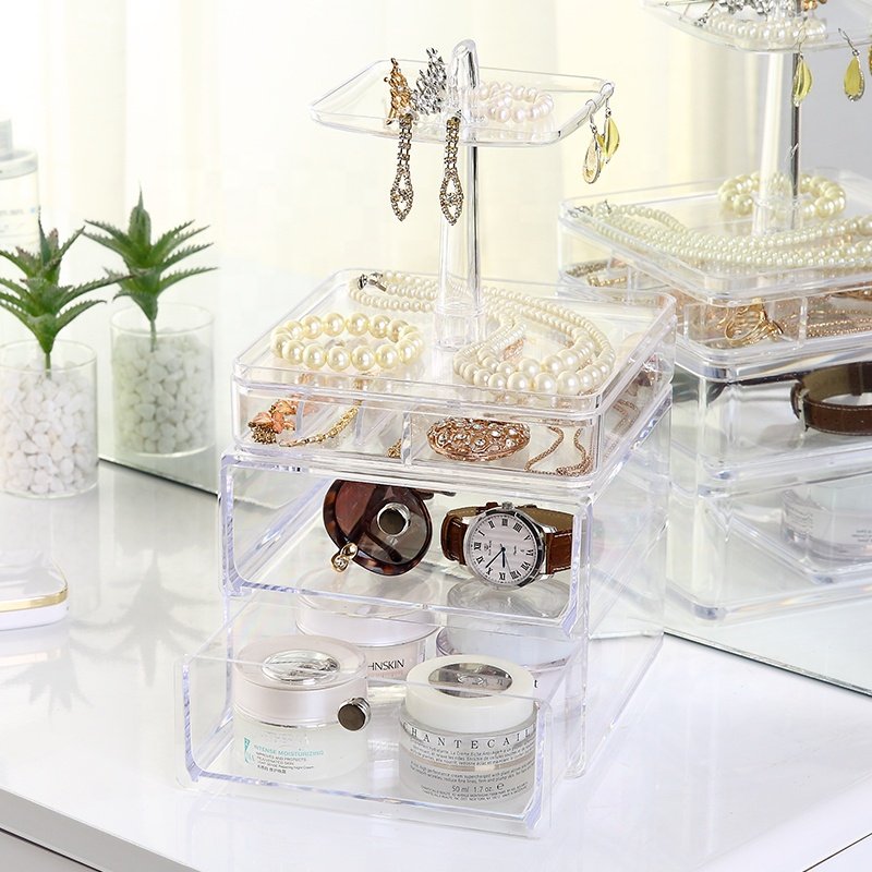 3pieces desktop dustproof stackable jewellery organizer earring ring necklace display tray plastic jewelry storage box
