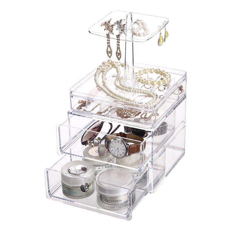 3pieces desktop dustproof stackable jewellery organizer earring ring necklace display tray plastic jewelry storage box
