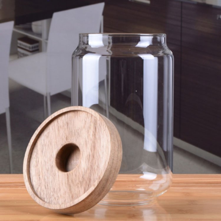 wholesale Eco friendly kitchen storage 500ml 750ml high borosilicate airtight glass jar with acacia wood lid