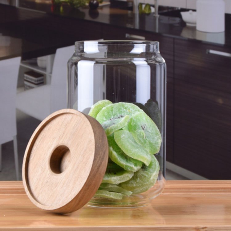 wholesale Eco friendly kitchen storage 500ml 750ml high borosilicate airtight glass jar with acacia wood lid