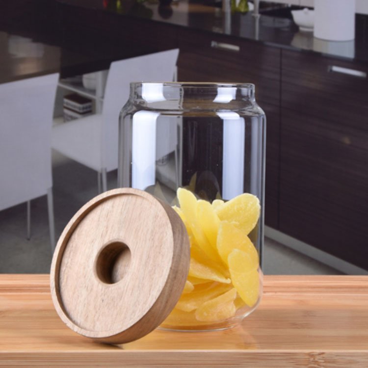 wholesale Eco friendly kitchen storage 500ml 750ml high borosilicate airtight glass jar with acacia wood lid