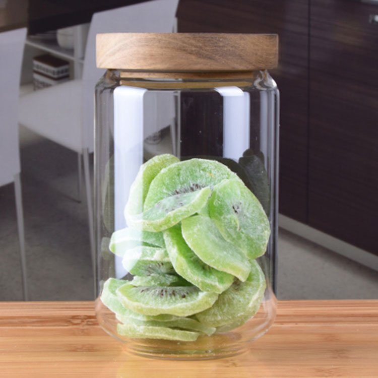 wholesale Eco friendly kitchen storage 500ml 750ml high borosilicate airtight glass jar with acacia wood lid