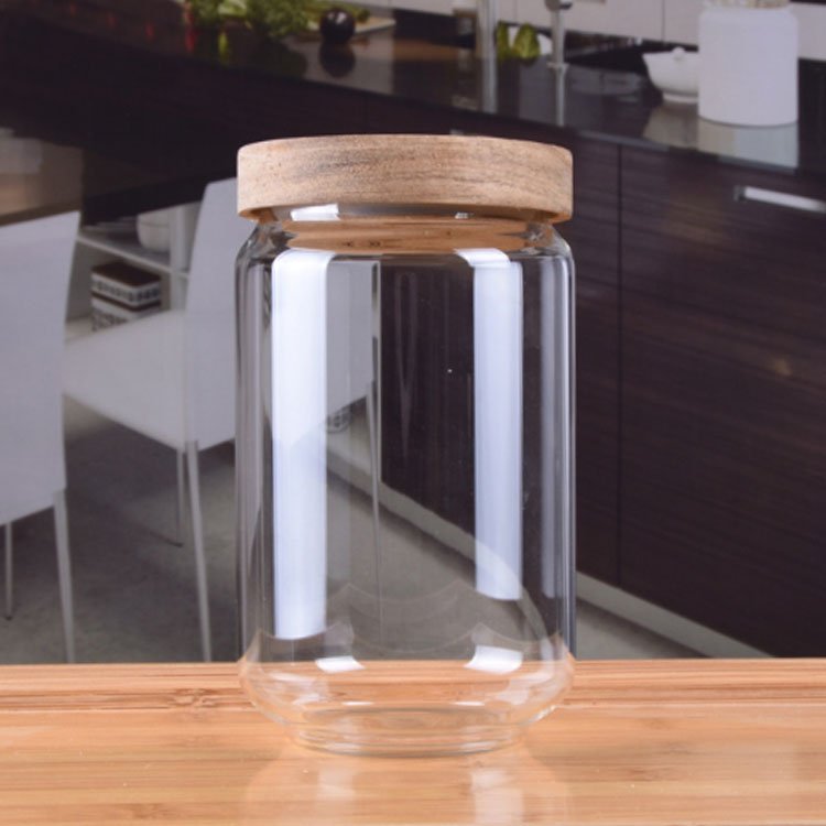 wholesale Eco friendly kitchen storage 500ml 750ml high borosilicate airtight glass jar with acacia wood lid