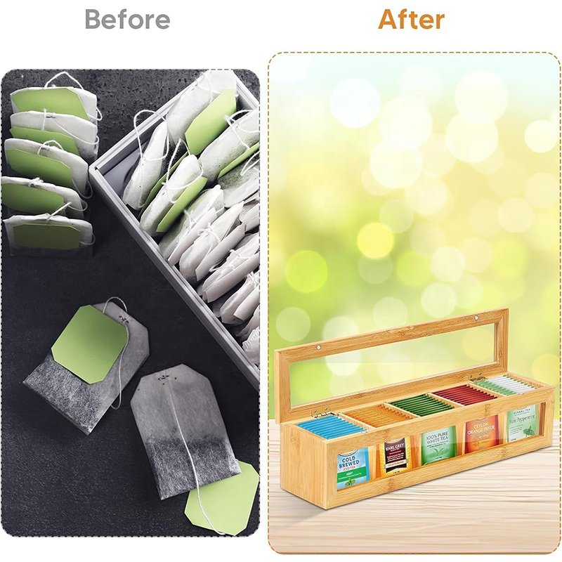 Bamboo tea box storage box with 5 layers of acrylic window magnetic cover table to separate the tea bag storage box
