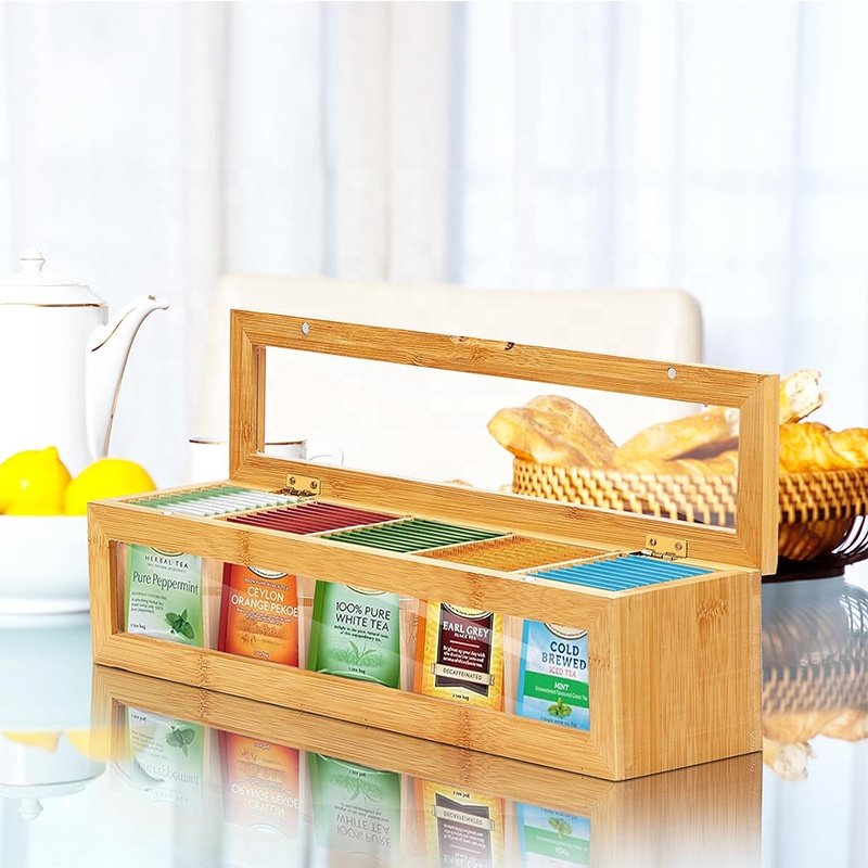 Bamboo tea box storage box with 5 layers of acrylic window magnetic cover table to separate the tea bag storage box