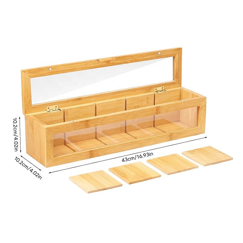 Bamboo tea box storage box with 5 layers of acrylic window magnetic cover table to separate the tea bag storage box