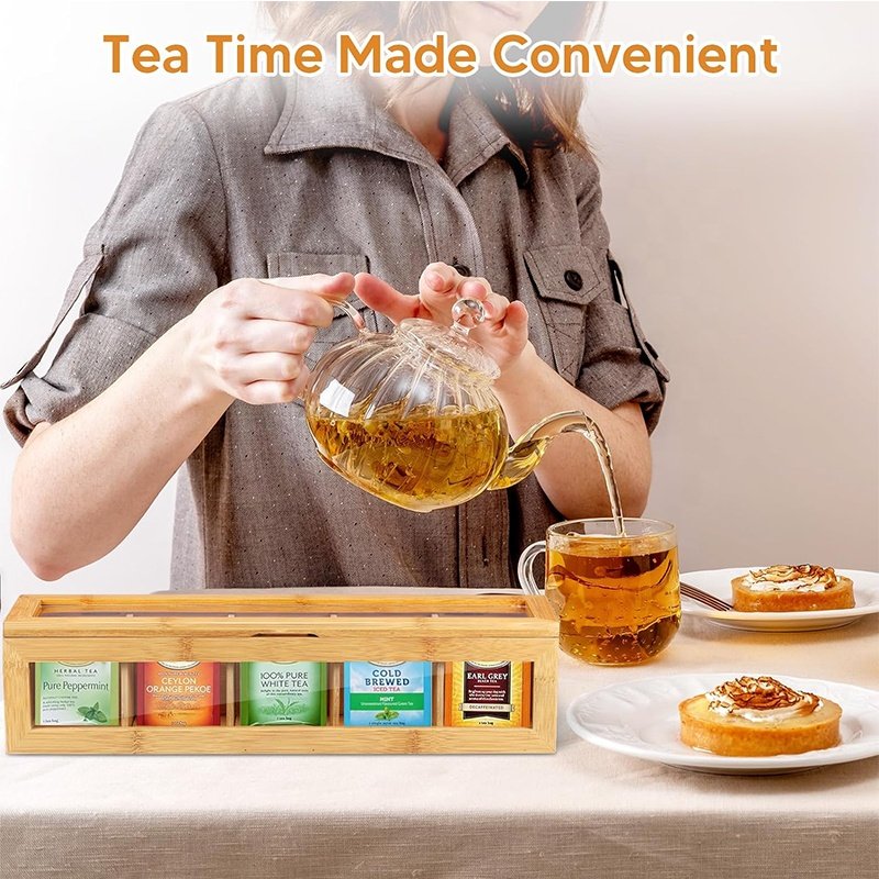 Bamboo tea box storage box with 5 layers of acrylic window magnetic cover table to separate the tea bag storage box