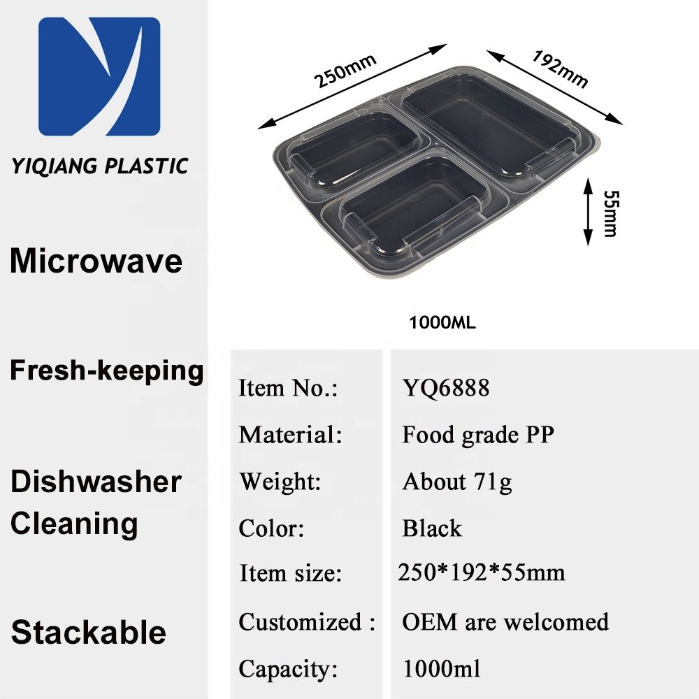 Yiqiang Disposable Plastic 3 Compartment Food Container, Microwave Square Meal Prep Containers