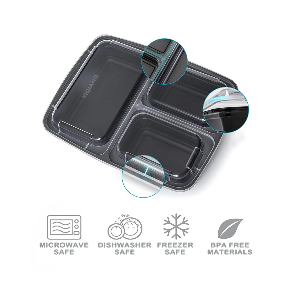 Yiqiang Disposable Plastic 3 Compartment Food Container, Microwave Square Meal Prep Containers