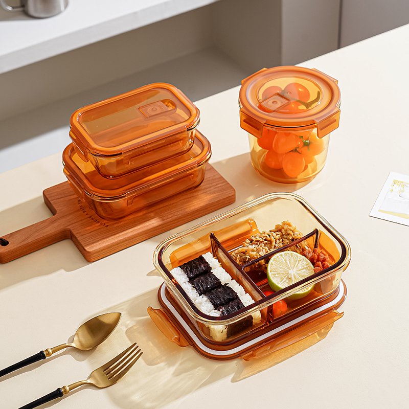 Custom Stackable Amber Kids Lunch Box Set Kitchen Glass Meal Prep Box High Borosilicate Glass Food Storage Containers With Lids