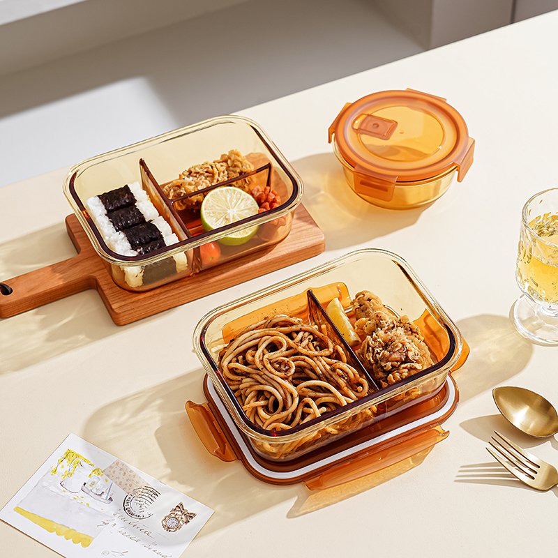 Custom Stackable Amber Kids Lunch Box Set Kitchen Glass Meal Prep Box High Borosilicate Glass Food Storage Containers With Lids