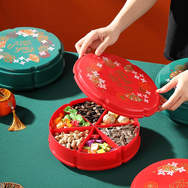 Customized Chinese New Year Rotating Base Candy Box Plastic Nuts And Dried Fruit Plate