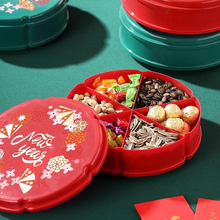 Customized Chinese New Year Rotating Base Candy Box Plastic Nuts And Dried Fruit Plate