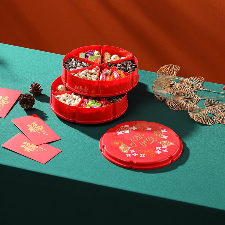 Customized Chinese New Year Rotating Base Candy Box Plastic Nuts And Dried Fruit Plate