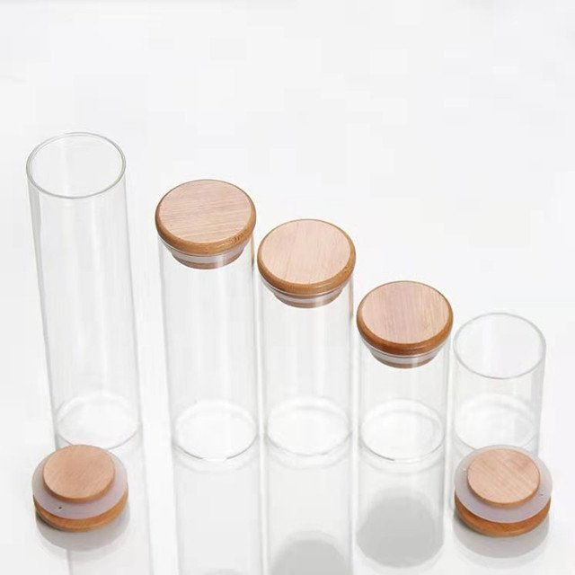 Hot sale Kitchen Canisters Set Clear Glass Jars Kitchen Thicken Airtight Food Storage jars with Wood bamboo clamp lid