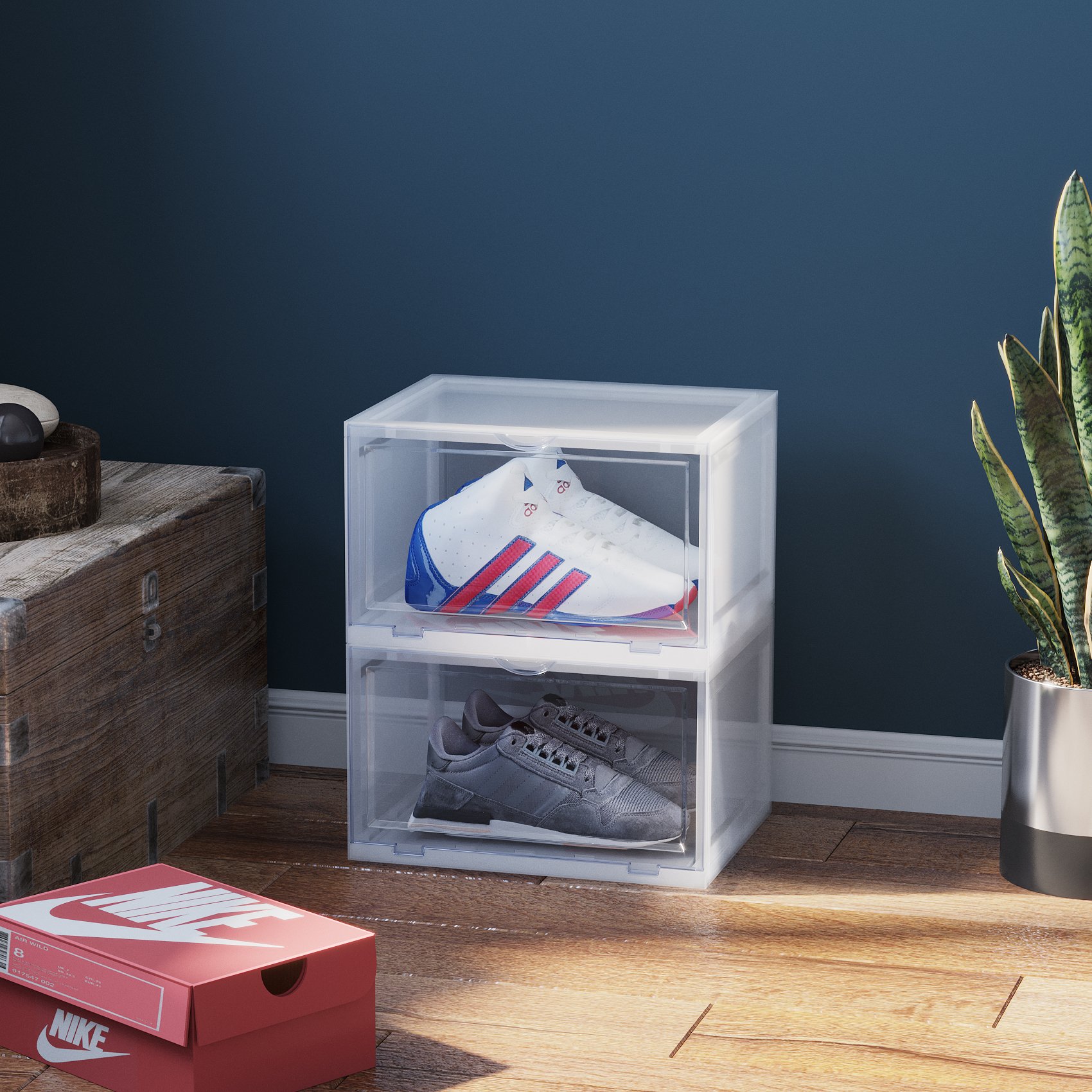 Wholesale PP plus AS material detachable transparent sneaker shoe container dustproof shoe storage box