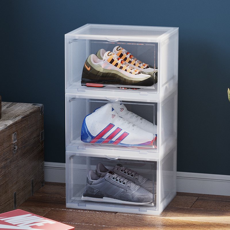 Wholesale PP plus AS material detachable transparent sneaker shoe container dustproof shoe storage box