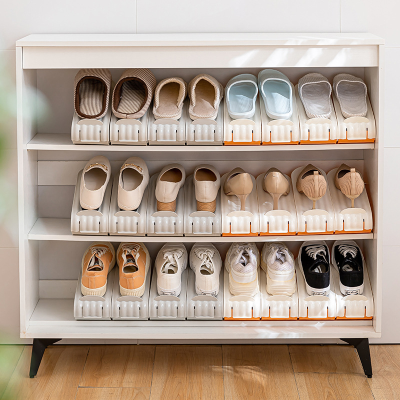 Adjustable Single-Tier Shoe Rack Folding Double Shoe Tray Space-Saving Layered Shoe Cabinet Organizer