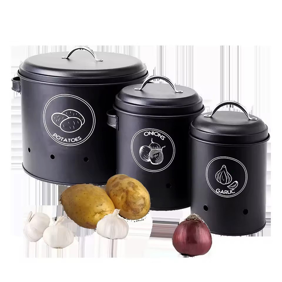 Eco-friendly Black Storage Box with Lid for Fresh Kitchen Potato Onion Garlic Canisters Set Bin