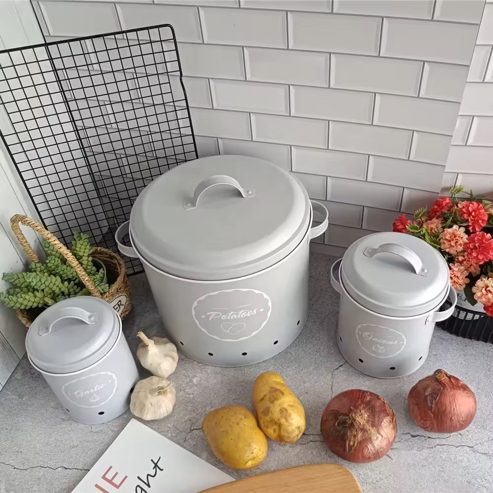 Eco-friendly Black Storage Box with Lid for Fresh Kitchen Potato Onion Garlic Canisters Set Bin
