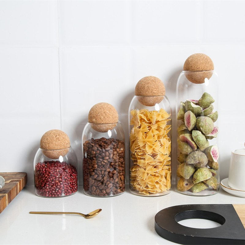 JM LFGB RTS Customized Borosilicate Container Food Storage Kitchen Canisters Glass Jar With Spherical Lids