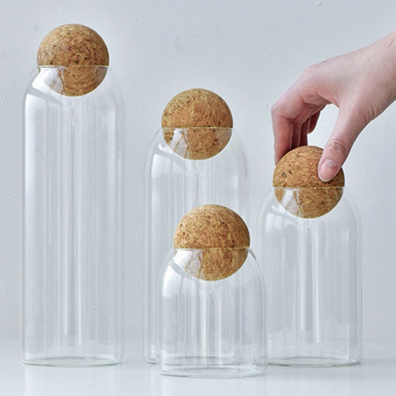JM LFGB RTS Customized Borosilicate Container Food Storage Kitchen Canisters Glass Jar With Spherical Lids