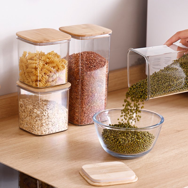 plastic Airtight Stackable airtight dry food jar cereal storage container Kitchen Pantry Snack Candy box With Bamboo Lid