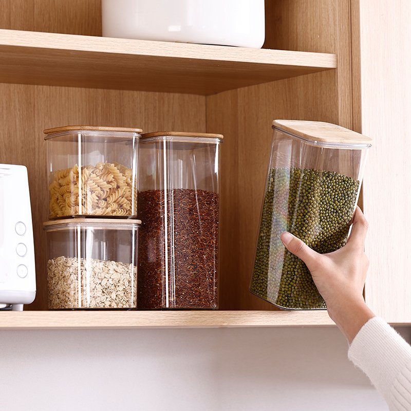 plastic Airtight Stackable airtight dry food jar cereal storage container Kitchen Pantry Snack Candy box With Bamboo Lid
