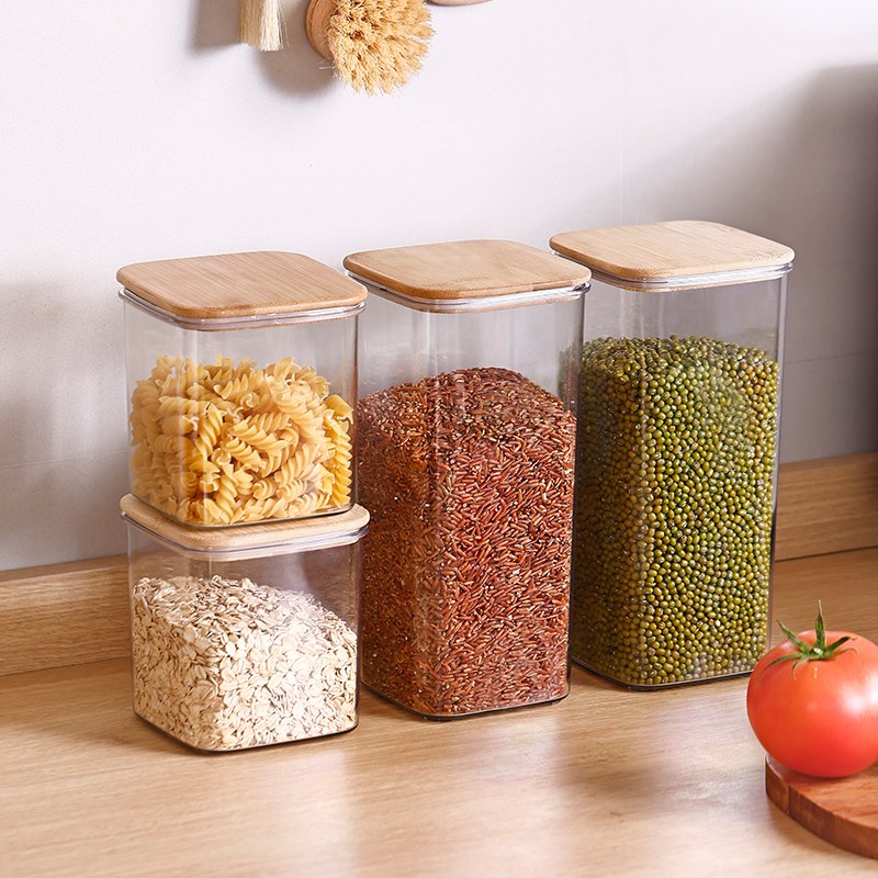 plastic Airtight Stackable airtight dry food jar cereal storage container Kitchen Pantry Snack Candy box With Bamboo Lid