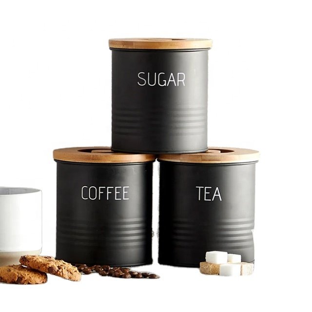 Kitchen Counter Airtight Sugar Tea Coffee Canisters with Wooden Bamboo Lids Metal Steel Food Storage Containers Set Kitchen Jars