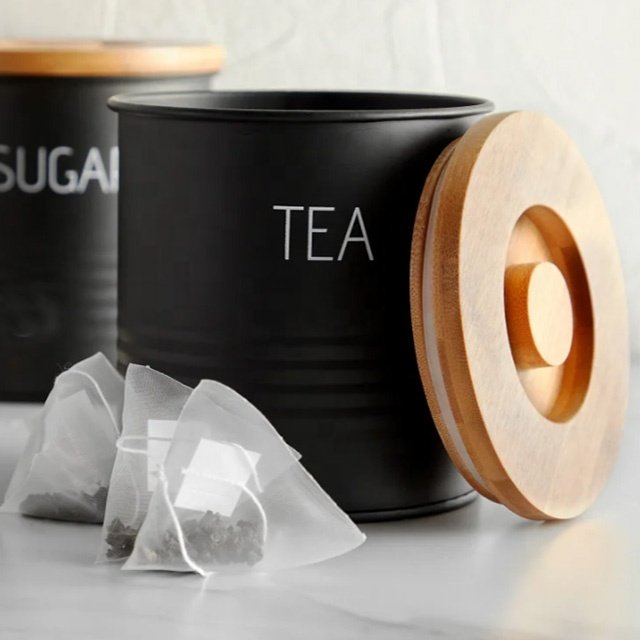 Kitchen Counter Airtight Sugar Tea Coffee Canisters with Wooden Bamboo Lids Metal Steel Food Storage Containers Set Kitchen Jars