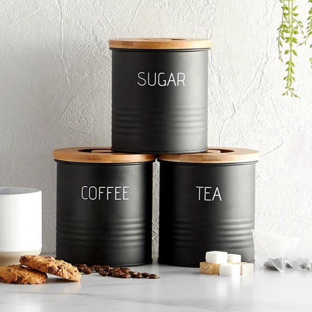 Kitchen Counter Airtight Sugar Tea Coffee Canisters with Wooden Bamboo Lids Metal Steel Food Storage Containers Set Kitchen Jars