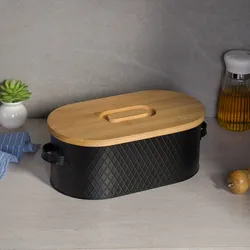 Wholesale Elliptical Metal Food Container Storage Box Custom Kitchen Bread Box with Bamboo lid