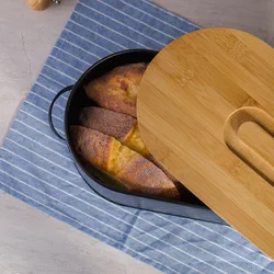 Wholesale Elliptical Metal Food Container Storage Box Custom Kitchen Bread Box with Bamboo lid