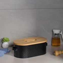 Wholesale Elliptical Metal Food Container Storage Box Custom Kitchen Bread Box with Bamboo lid