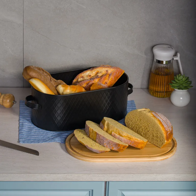 Wholesale Elliptical Metal Food Container Storage Box Custom Kitchen Bread Box with Bamboo lid