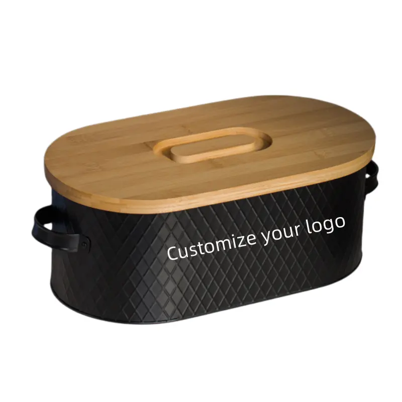 Wholesale Elliptical Metal Food Container Storage Box Custom Kitchen Bread Box with Bamboo lid