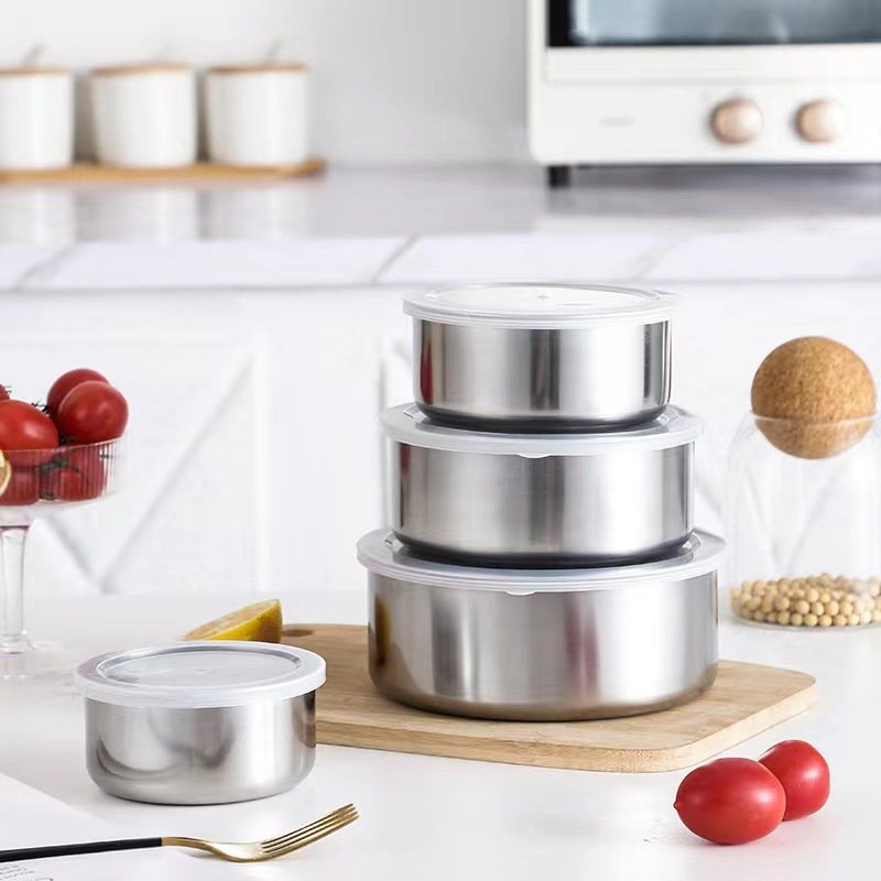 Cheaper Round Stainless Steel Food Container Set Kitchen Fridge Steel Food Storage And Container With Lid